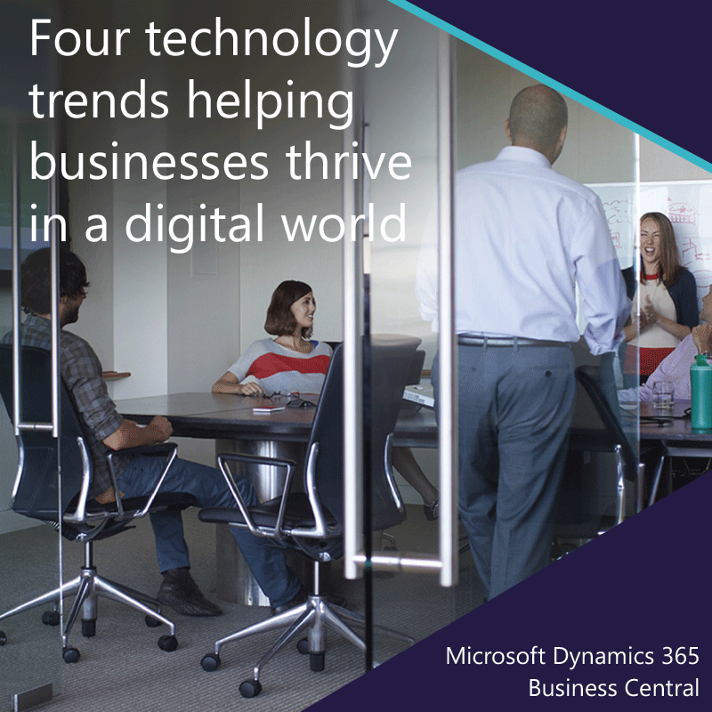 Business professionals collaborating in a modern office meeting with overlay text reading “Four technology trends helping businesses thrive in a digital world”