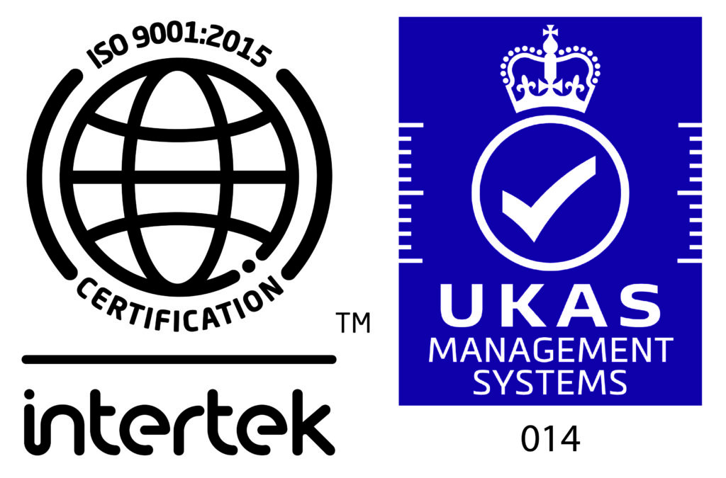 ISO 9001:2015 and UKAS Management Systems certification logos indicating quality assurance standards.