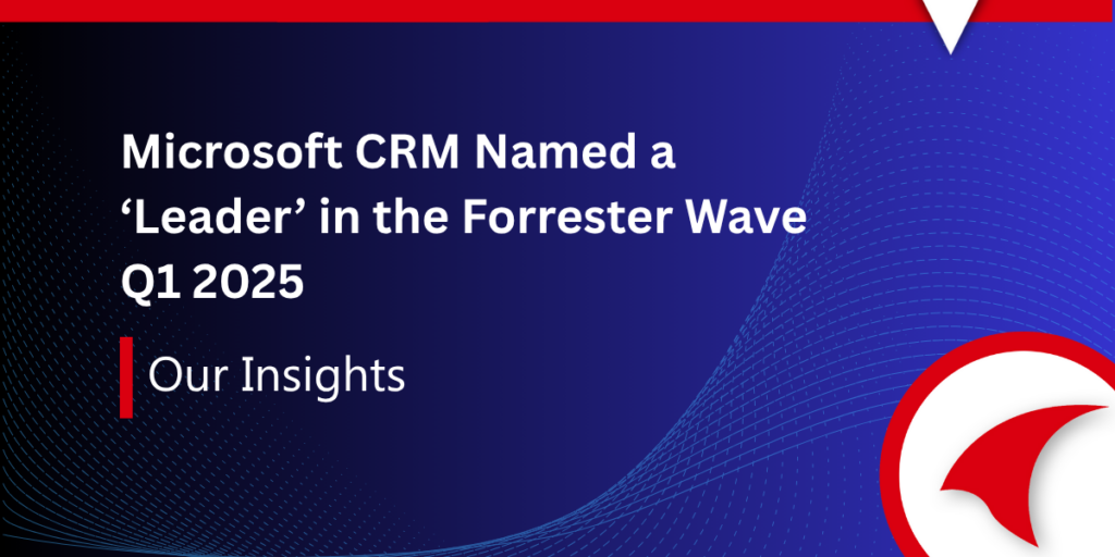 Promotional graphic stating “Microsoft CRM Named a Leader in the Forrester Wave Q1 2025” with company branding and abstract tech background.