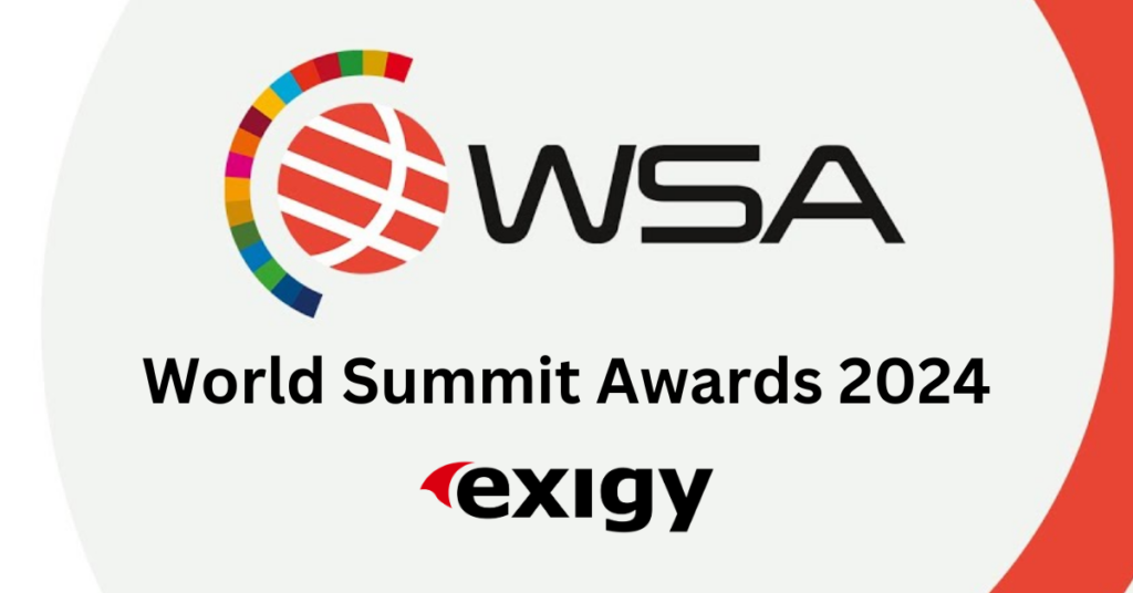 World Summit Awards 2024 logo with Exigy branding, showcasing international recognition in digital innovation.